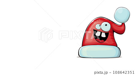Vector cartoon Santa Claus red hat character with smile face isolated on white background. Childrens Merry Christmas greeting card with funny monster Santa hat. Santa red hat with sunglasses 108642351