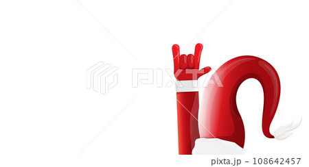 Merry christmas horizontal banner with Santa Claus rock n roll style and santa red hat isolated on white background. Merry Christmas hipster Rock n roll party poster or flyer design template. 108642457