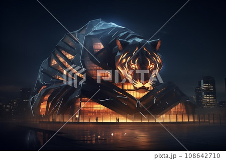 Tiger shape illuminated building at night illustration 108642710