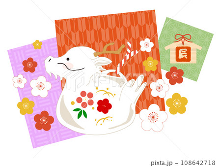 背景が和柄の龍と梅の年賀状素材/横 背景が和柄の龍と梅の年賀状素材/横 108642718