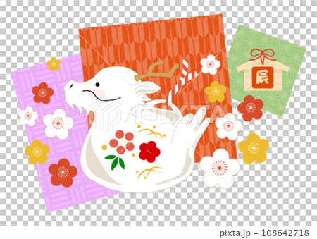 背景が和柄の龍と梅の年賀状素材/横 背景が和柄の龍と梅の年賀状素材/横 108642718