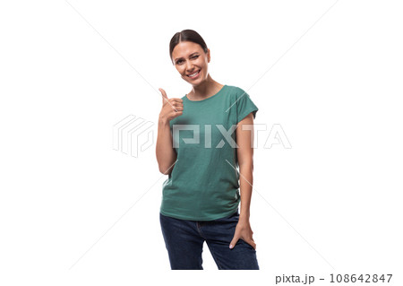 young energetic slim european woman with ponytail hairstyle dressed in green t-shirt looks confident young energetic slim european woman with ponytail hairstyle dressed in green t-shirt looks confident 108642847