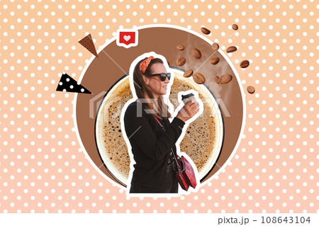 Coffee house advertising. Creative digital collage young woman bandana hot coffee cup with steam pastel color polka dot. 108643104