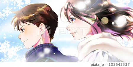 横顔の学生または社会人二人イラスト背景冬 横顔の学生または社会人二人イラスト背景冬 108643337