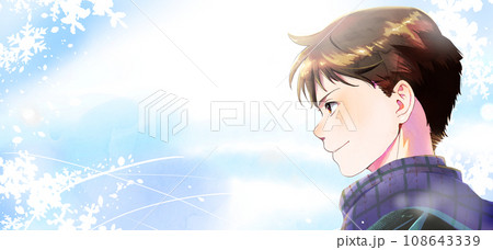 横顔の学生または社会人男性イラスト背景冬左スペースあり 横顔の学生または社会人男性イラスト背景冬左スペースあり 108643339