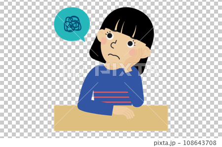 A black-haired Japanese woman wearing long-sleeved clothes is in trouble in front of her desk. 108643708