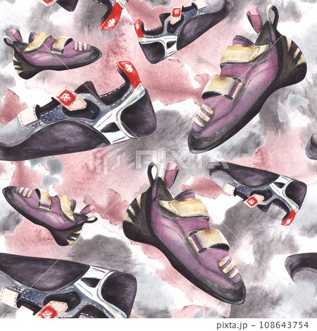 Climbing boulder shoes, different colours and sizes, seamless pattern Sport watercolor illustration hand draw isolated, white background with aquarelle splashes Repeating print for wrapping, wallpaper Climbing boulder shoes, different colours and sizes, seamless pattern Sport watercolor illustration hand draw isolated, white background with aquarelle splashes Repeating print for wrapping, wallpaper 108643754