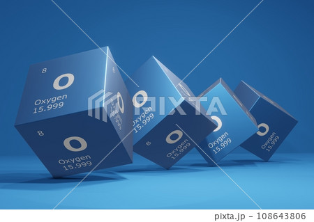 3D rendering of oxygen, chemical element of the periodic table. Education, science and technology background. 3D illustration 3D rendering of oxygen, chemical element of the periodic table. Education, science and technology background. 3D illustration 108643806