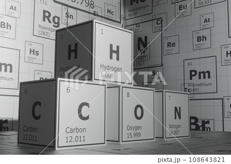 3d background of the elements of the periodic table, carbon, hydrogen, oxygen and nitrogen, science and engineering background 3d background of the elements of the periodic table, carbon, hydrogen, oxygen and nitrogen, science and engineering background 108643821