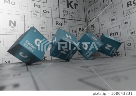 3D rendering of the elements of the periodic table, carbon, hydrogen, oxygen and nitrogen, background for education, science, technology and engineering. 3D illustration 3D rendering of the elements of the periodic table, carbon, hydrogen, oxygen and nitrogen, background for education, science, technology and engineering. 3D illustration 108643831