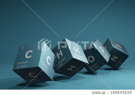3D rendering cubes of the elements of the periodic table, carbon, hydrogen, oxygen and nitrogen, background for education, science, technology and engineering. 3D illustration 108643839