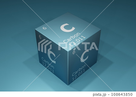 Carbon, 3D rendering of symbols of the elements of the periodic table, atomic number, atomic weight, name and symbol. Education, science and technology. 3D illustration 108643850
