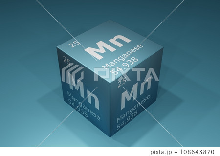 Manganese, 3D rendering of symbols of the elements of the periodic table, atomic number, atomic weight, name and symbol. Education, science and technology. 3D illustration 108643870