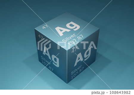 Silver, 3D rendering of symbols of the elements of the periodic table, atomic number, atomic weight, name and symbol. Education, science and technology. 3D illustration 108643982