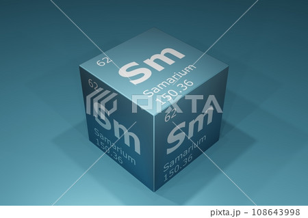 Samarium, 3D rendering of symbols of the elements of the periodic table, atomic number, atomic weight, name and symbol. Education, science and technology. 3D illustration 108643998