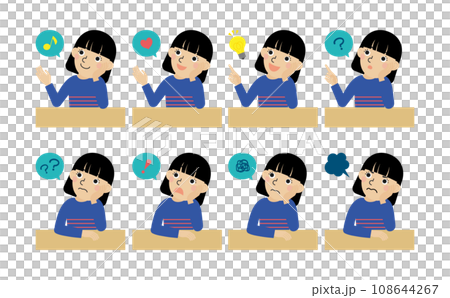 机の前考え事をしている長袖の服を着た黒髪の日本人女性のバリエーションセット 机の前考え事をしている長袖の服を着た黒髪の日本人女性のバリエーションセット 108644267