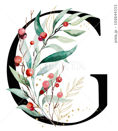 Black letter G with watercolor twigs with green and golden leaves and red berries, Christmas isolated Illustration 108644355