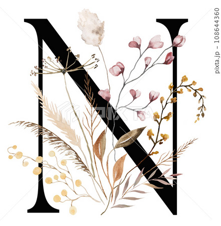 Black capital letter N with brown autumn watercolor wildflowers and leaves, isolated illustration Black capital letter N with brown autumn watercolor wildflowers and leaves, isolated illustration 108644360