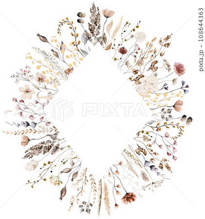 Frame with watercolor autumn brown wild flowers and leaves, wedding illustration 108644363