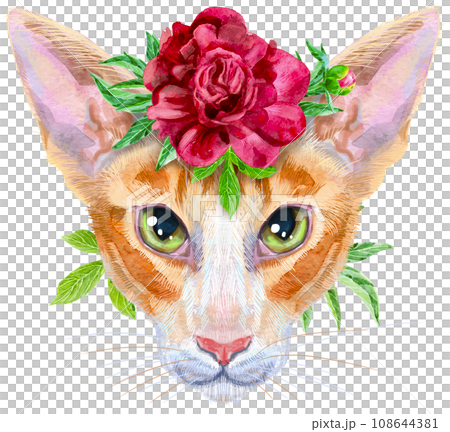 Lovely closeup portrait oriental cat in a wreath of flowers. Hand drawn watercolor painting on white background 108644381