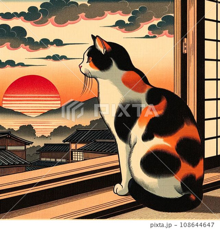 AI生成画像_浮世絵風、夕日を見つめる三毛猫のイラスト2のイラスト素材