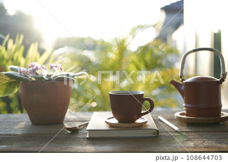 Brown tea cup and tea pot with brown plant pot and notebooks 108644703