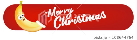 Merry Christmas horizontal battun and banner with funny cartoon banana character wearing santa red hat isolated on red background. Funny and cute Christmas card and button with smiling Banana monster 108644764