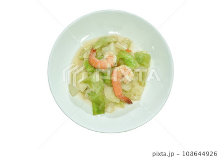 fried slice cabbage with shrimp in soy sauce on plate 108644926