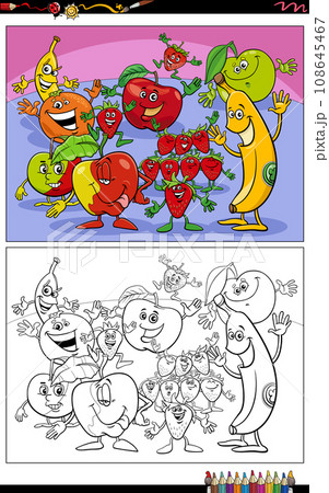 funny cartoon fruit characters group coloring page 108645467