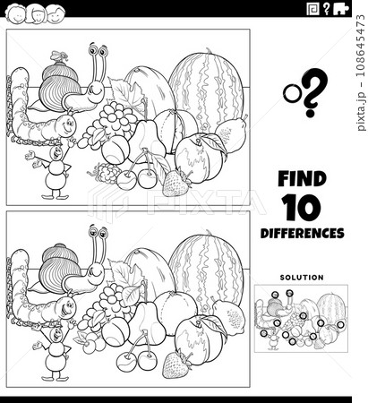 differences activity with cartoon insects and fruit coloring page 108645473