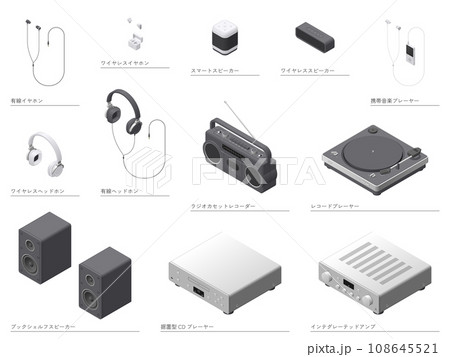 アイソメトリック図法で描いた家庭用電気製品のイラストセット11［オーディオ機器］ 108645521