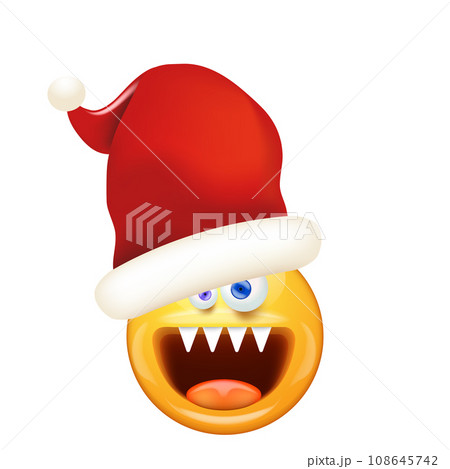 Santa Smiling Face with monster mouth and eyes isolated on white background. Yellow monster santa smiley face character with santa hat. Merry Christmas concept illustration, sticker, print and icon 108645742