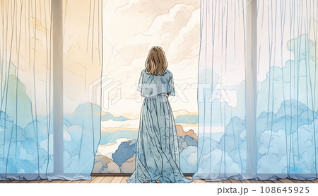 海と空の見える窓辺に佇む女性　AI生成画像 108645925