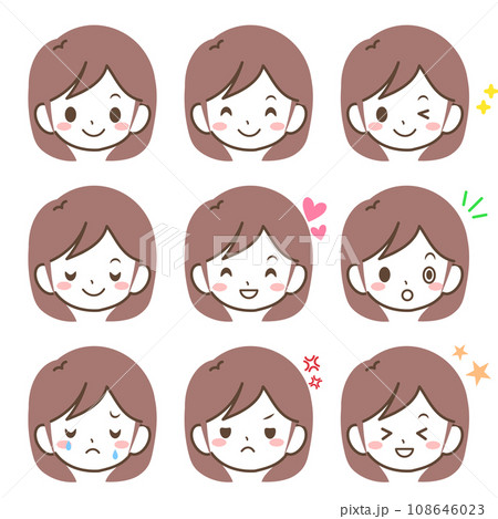 様々な表情の女性の顔イラストセット3 様々な表情の女性の顔イラストセット3 108646023