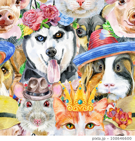 Seamless pattern of of dog, guinea pig, cat, mini pig and rat. Watercolor pets illustration. Watercolor hand drawn illustration Seamless pattern of of dog, guinea pig, cat, mini pig and rat. Watercolor pets illustration. Watercolor hand drawn illustration 108646600