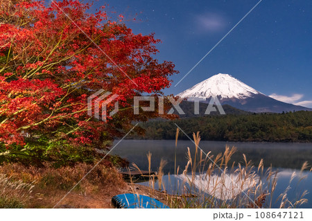 《山梨県》富士山と紅葉の西湖・月明かりの夜景 108647121