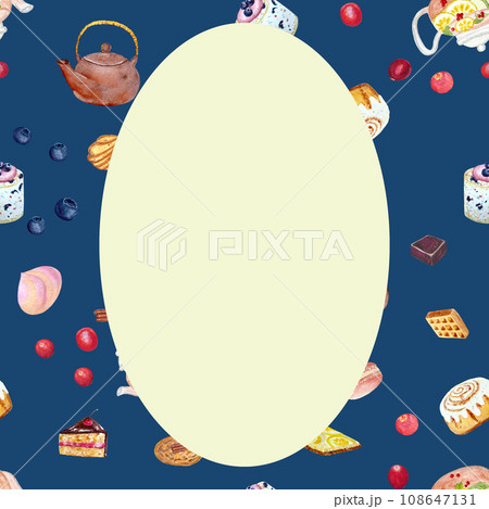 Watercolor teapot and desserts card on dark blue 108647131