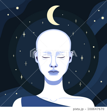 Beautiful bald woman with closed eyes on night sky background with stars and crescent. Vector illustration Beautiful bald woman with closed eyes on night sky background with stars and crescent. Vector illustration 108647670