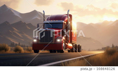 American style truck on freeway pulling load. Sun rays shine on the top of the mountain peaks, a picturesque landscape at sunset. American style truck on freeway pulling load. Sun rays shine on the top of the mountain peaks, a picturesque landscape at sunset. 108648126