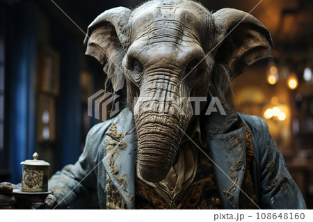 Aged Elephant in Tattered Jacket Holding a Mysterious Box Intently. AI generation 108648160