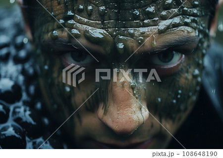 Man with Crocodile Skin Painted Face Staring Intensely. Close up. AI generation 108648190