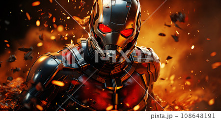 Fiery Explosion Behind Advanced Armored Superhero Stance. AI generation Fiery Explosion Behind Advanced Armored Superhero Stance. AI generation 108648191