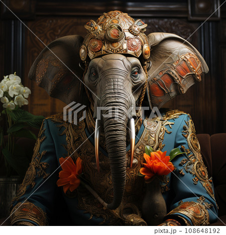 Regal Elephant in Teal Suit with Ornate Headdress and Jewels. AI generation 108648192