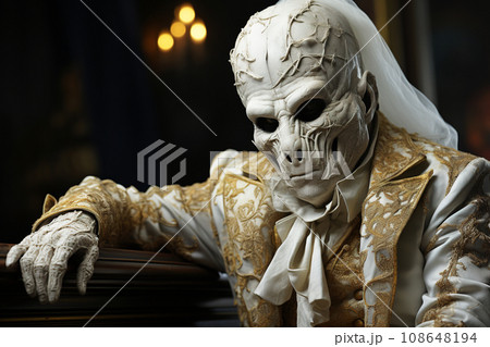 Skull Masked Figure in Golden Embroidered Jacket with Wedding Veil. AI generation Skull Masked Figure in Golden Embroidered Jacket with Wedding Veil. AI generation 108648194