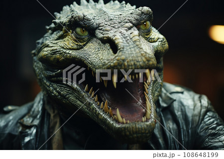 Detailed Crocodile Head Sculpture with Menacing Fierce Expression. Close up. AI generation 108648199