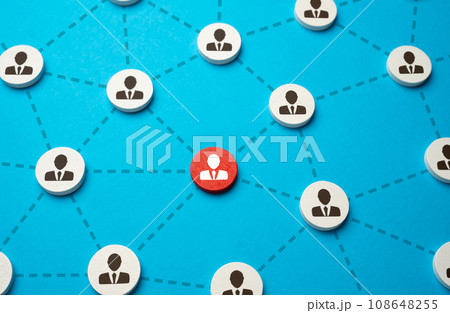 Red highlighted person in the network. Working relationships and involvement in work. Participation in a common project. Communication and cooperation. Red highlighted person in the network. Working relationships and involvement in work. Participation in a common project. Communication and cooperation. 108648255