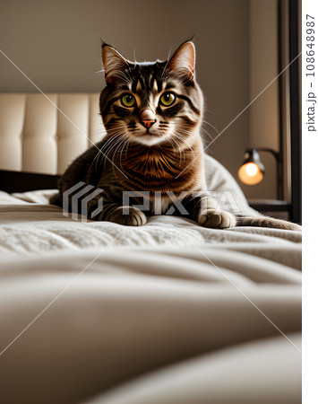 Detailed cat closeup over cozy bed. 108648987