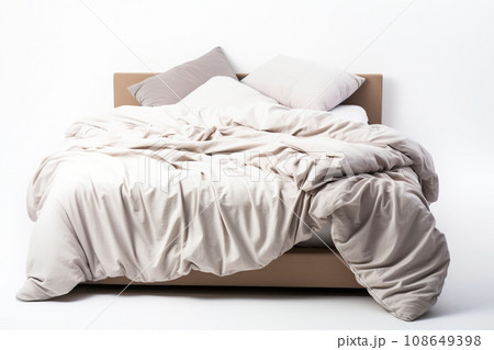 Beautiful bed in bedroom with mattress and sheets not cleaned, mess. AI generated. 108649398