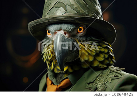 Mr green parrot gentleman in boss hat and scientist. AI generated 108649428