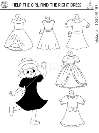 France black and white matching activity. Puzzle with girl in dress. Find correct clothes printable line worksheet. Funny coloring page for kids with woman in hat and beautiful gown 108649497